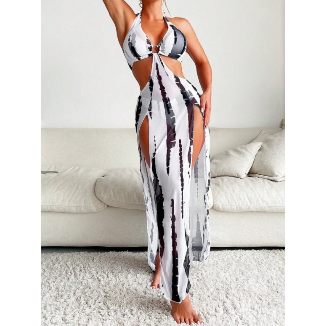 Pleasing Strings Tie Dye with Halter Neck & High Thigh Slit Cutout 3pc Swimsuit for Women