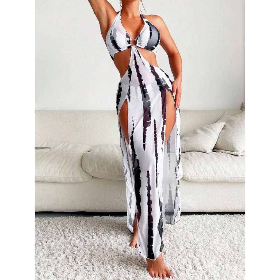 Pleasing Strings Tie Dye with Halter Neck & High Thigh Slit Cutout 3pc Swimsuit for Women