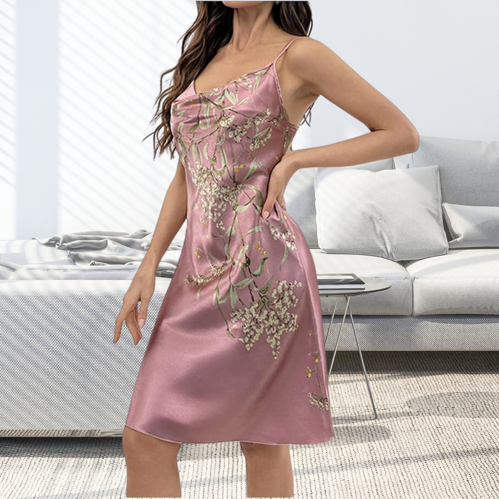 Pleasing Strings Women Satin Floral Printed 3pcs Cami Top Shorts & Gown Set