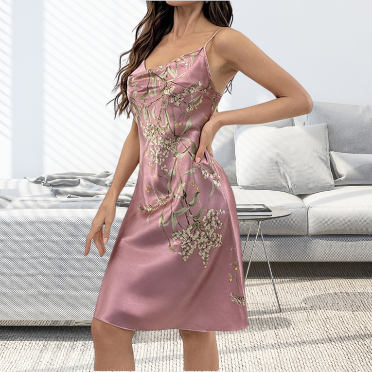 Pleasing Strings Women Satin Floral Printed 3pcs Cami Top Shorts & Gown Set