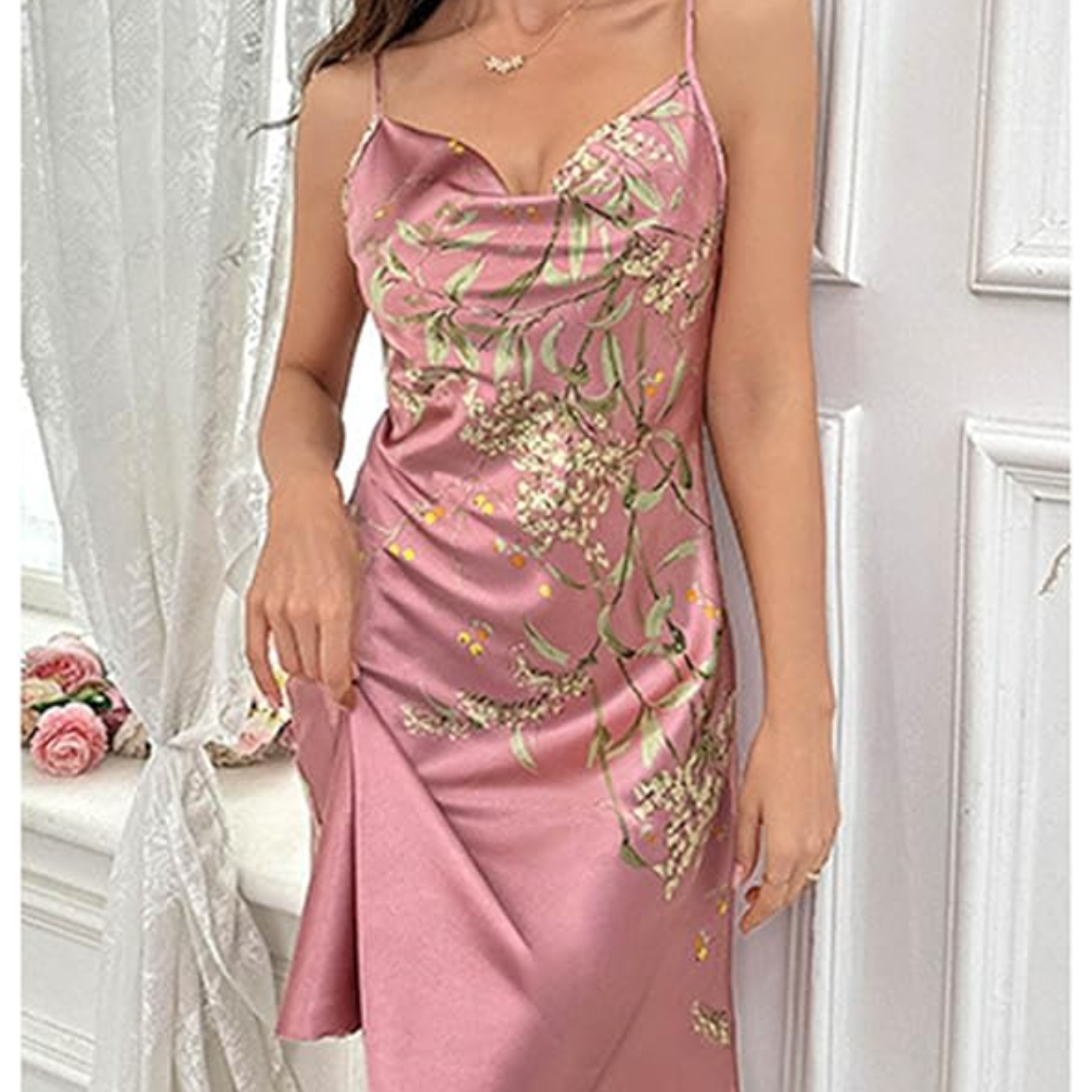 Pleasing Strings Women Satin Floral Printed 3pcs Cami Top Shorts & Gown Set