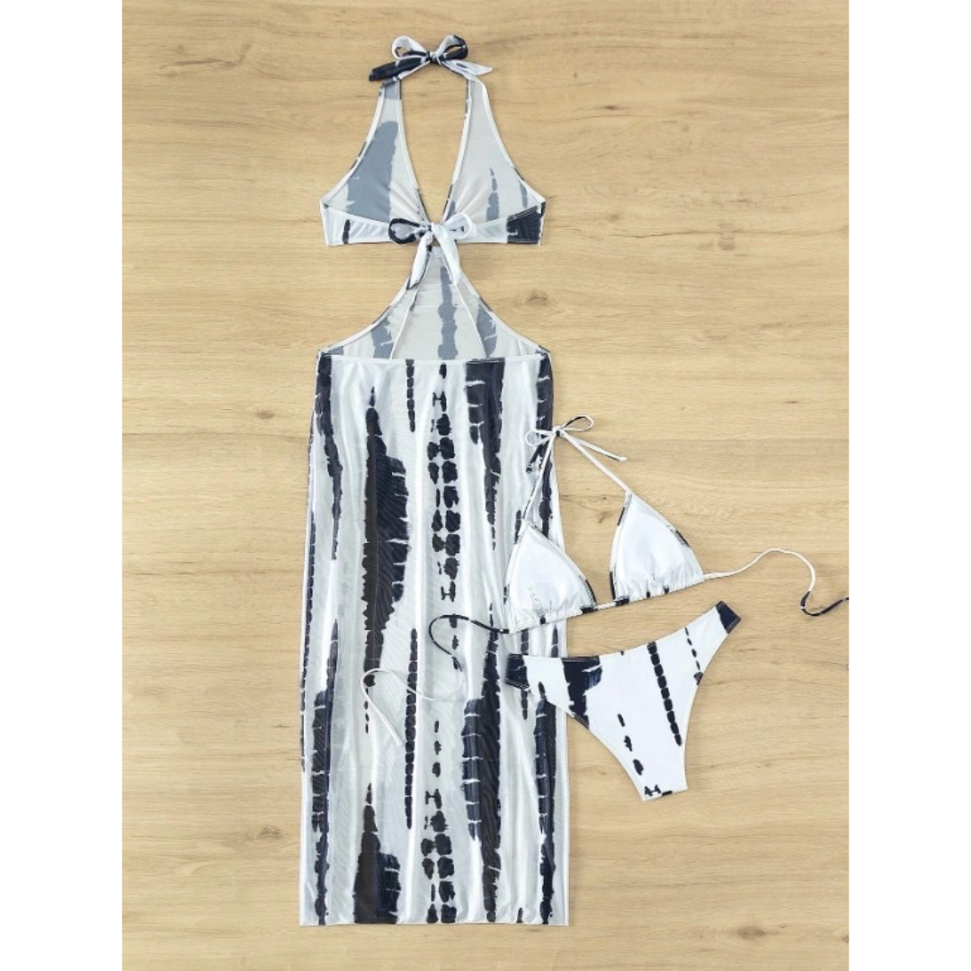 Pleasing Strings Tie Dye with Halter Neck & High Thigh Slit Cutout 3pc Swimsuit for Women