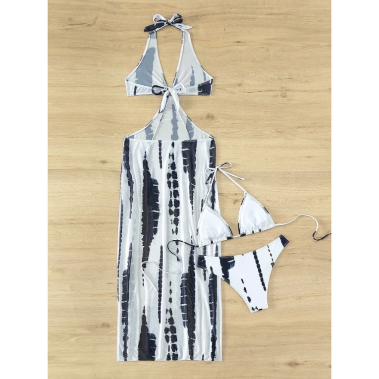 Pleasing Strings Tie Dye with Halter Neck & High Thigh Slit Cutout 3pc Swimsuit for Women