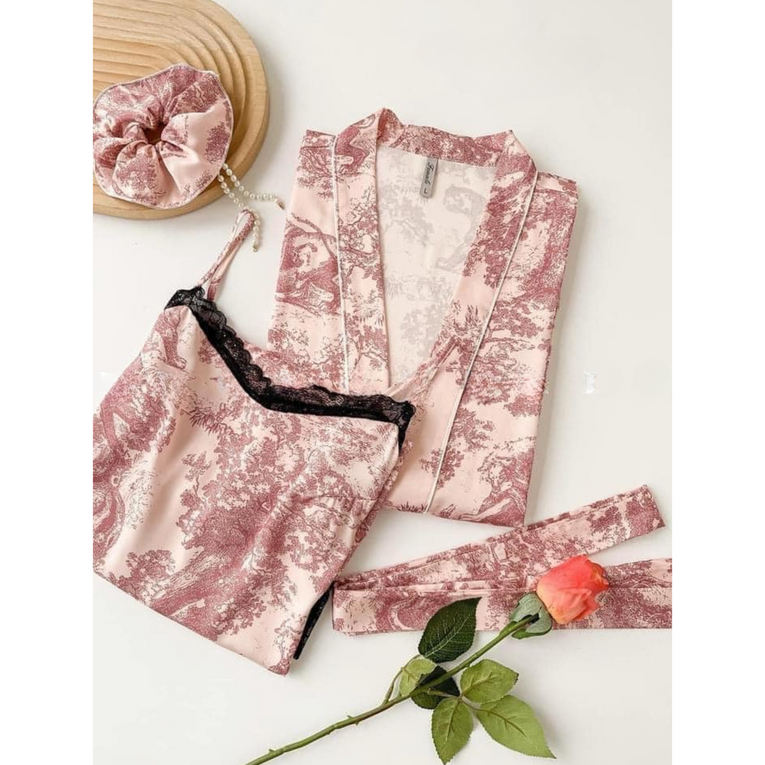 Pleasing Strings Women's 2pc Red Toile Print Satin Robe Set with Matching Scrunchy