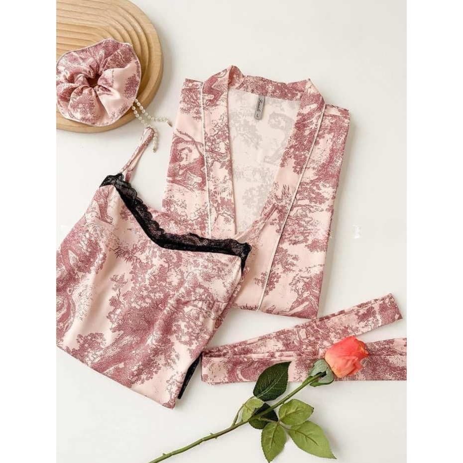 Pleasing Strings Women's 2pc Red Toile Print Satin Robe Set with Matching Scrunchy
