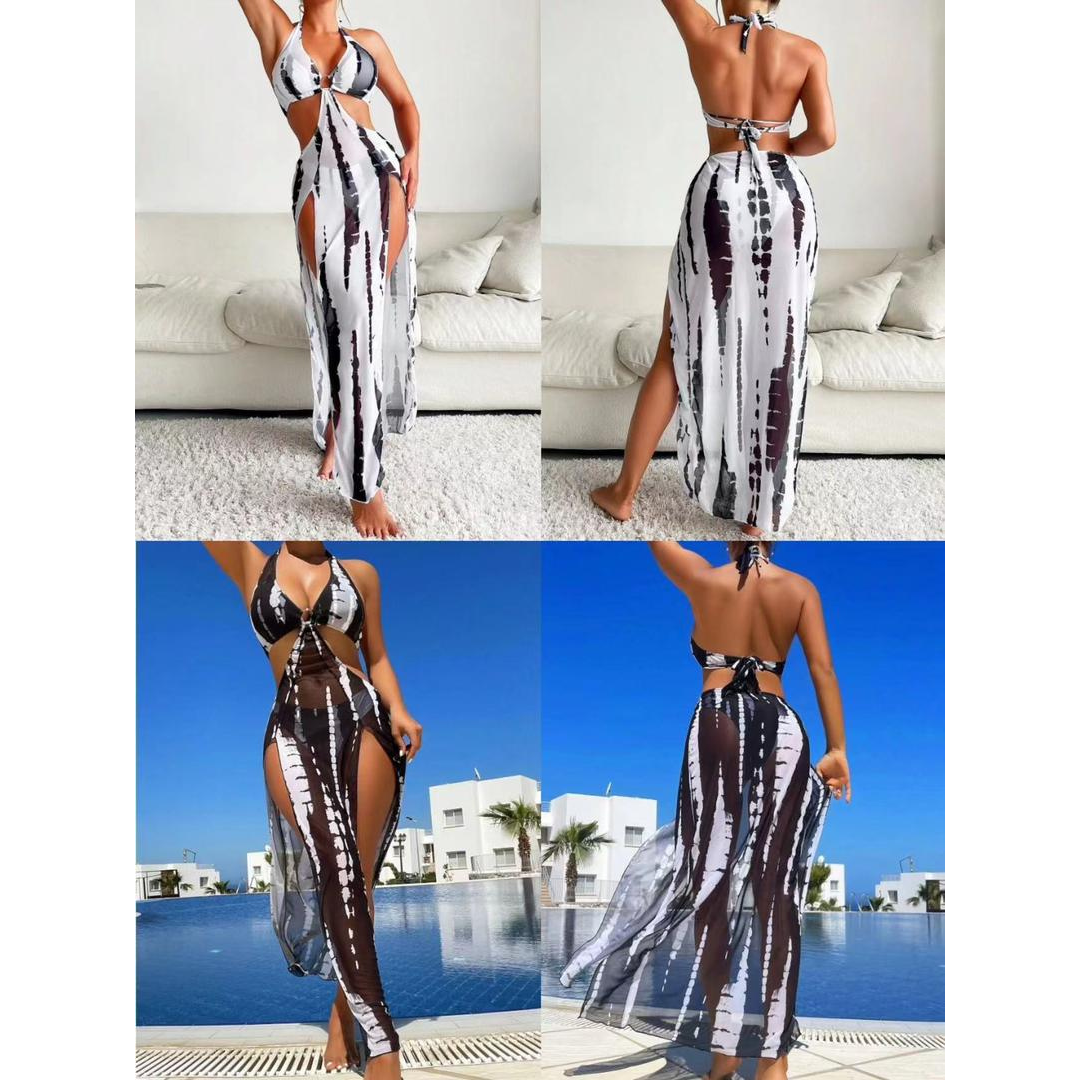 Pleasing Strings Tie Dye with Halter Neck & High Thigh Slit Cutout 3pc Swimsuit for Women