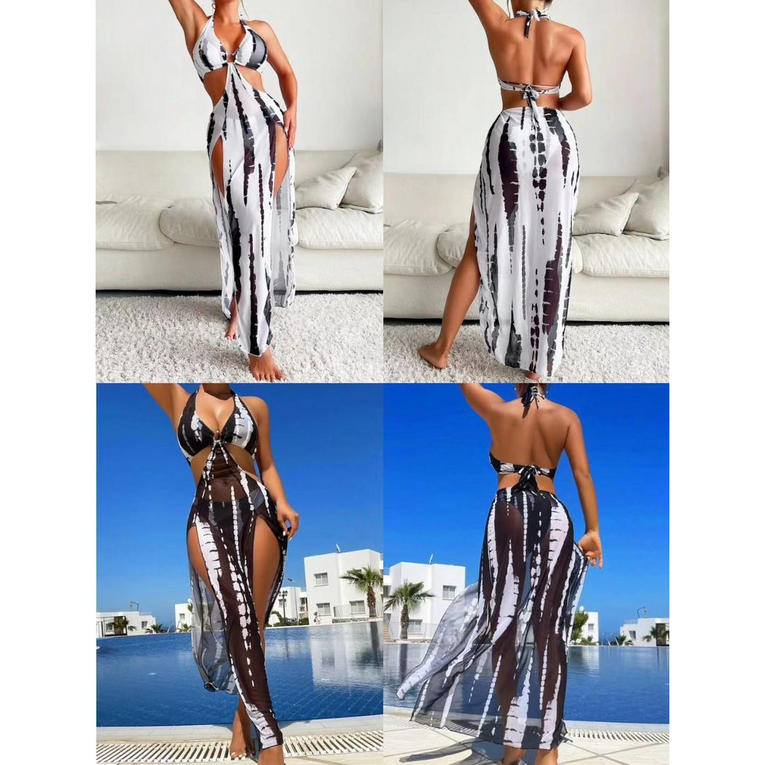 Pleasing Strings Tie Dye with Halter Neck & High Thigh Slit Cutout 3pc Swimsuit for Women