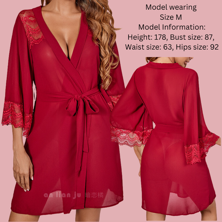 Pleasing Strings Lace Sheer 3/4 Sleeve Belted Robe