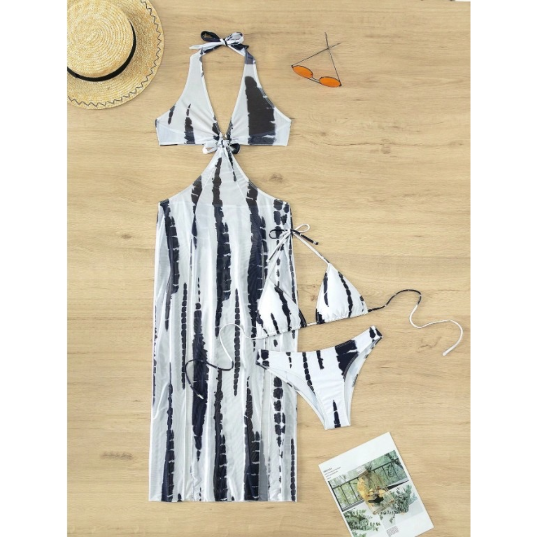 Pleasing Strings Tie Dye with Halter Neck & High Thigh Slit Cutout 3pc Swimsuit for Women