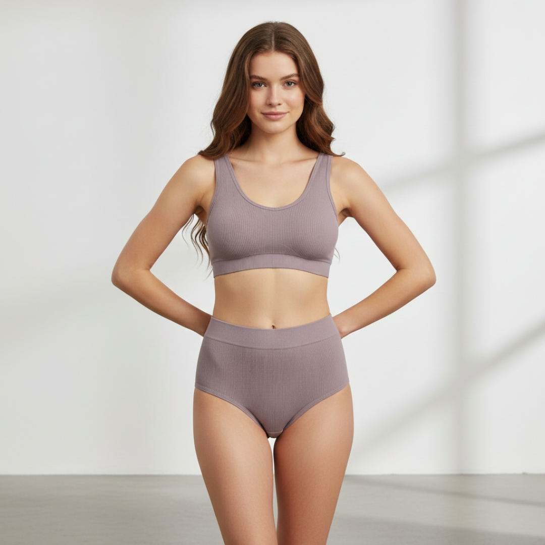 Pleasing Strings Women's Wireless Ribbed Knit Bra & Panty Set