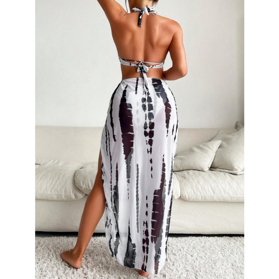Pleasing Strings Tie Dye with Halter Neck & High Thigh Slit Cutout 3pc Swimsuit for Women