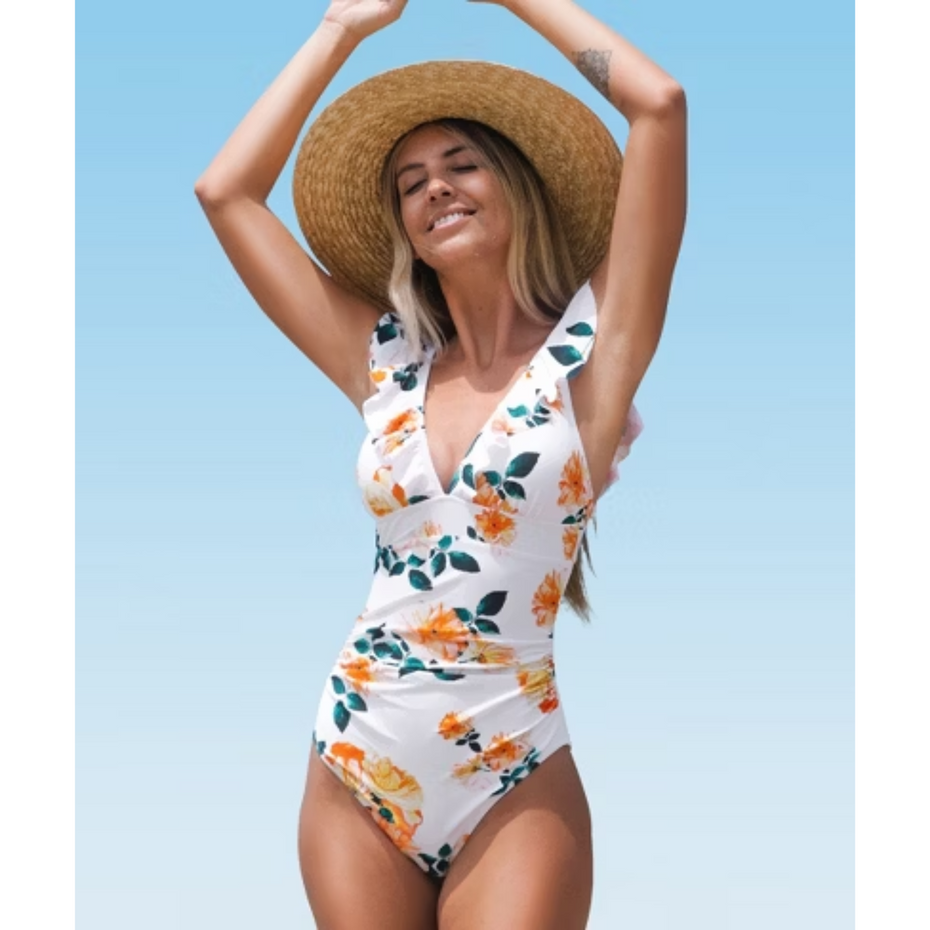 Pleasing Strings Women's Ruffled One Piece Swimsuit V Neck Lace Up
