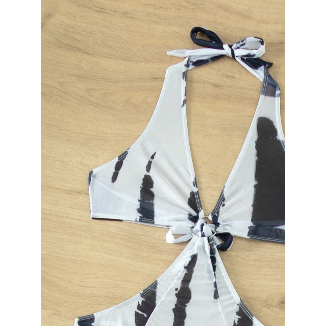 Pleasing Strings Tie Dye with Halter Neck & High Thigh Slit Cutout 3pc Swimsuit for Women