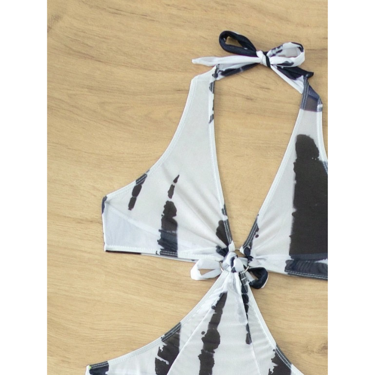 Pleasing Strings Tie Dye with Halter Neck & High Thigh Slit Cutout 3pc Swimsuit for Women