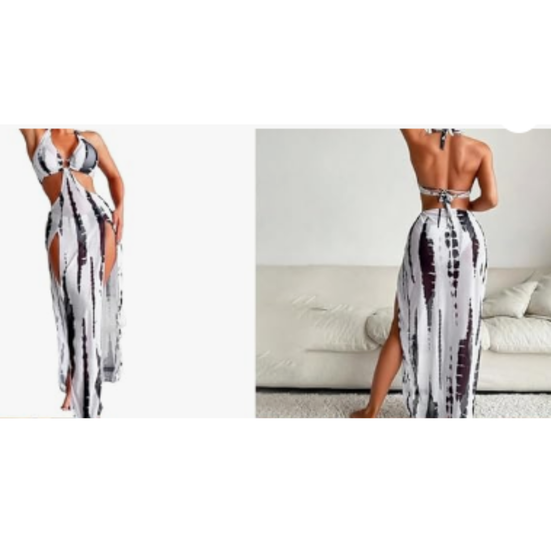 Pleasing Strings Tie Dye with Halter Neck & High Thigh Slit Cutout 3pc Swimsuit for Women