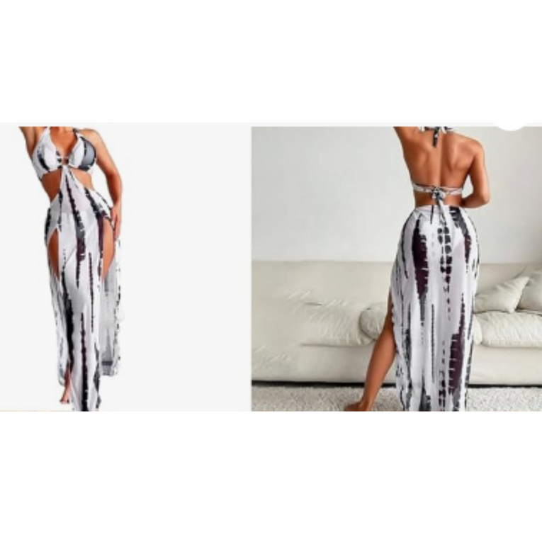 Pleasing Strings Tie Dye with Halter Neck & High Thigh Slit Cutout 3pc Swimsuit for Women
