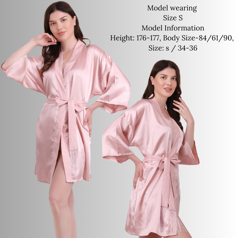 Pleasing Strings Women Satin Short Robe with Full Sleeves & Tassel Tie