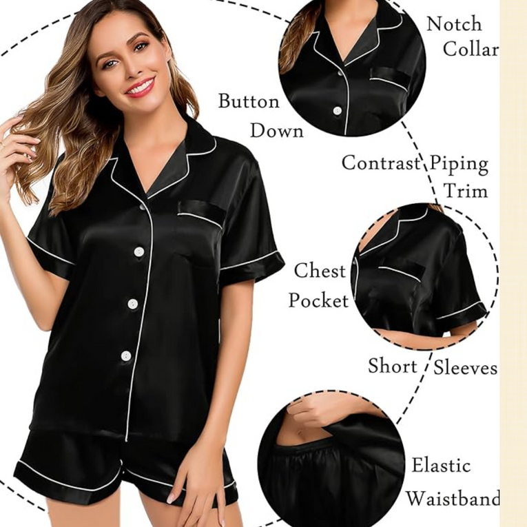 Pleasing Strings Women's 2pcs Silk Satin Button Down Short PJ Set