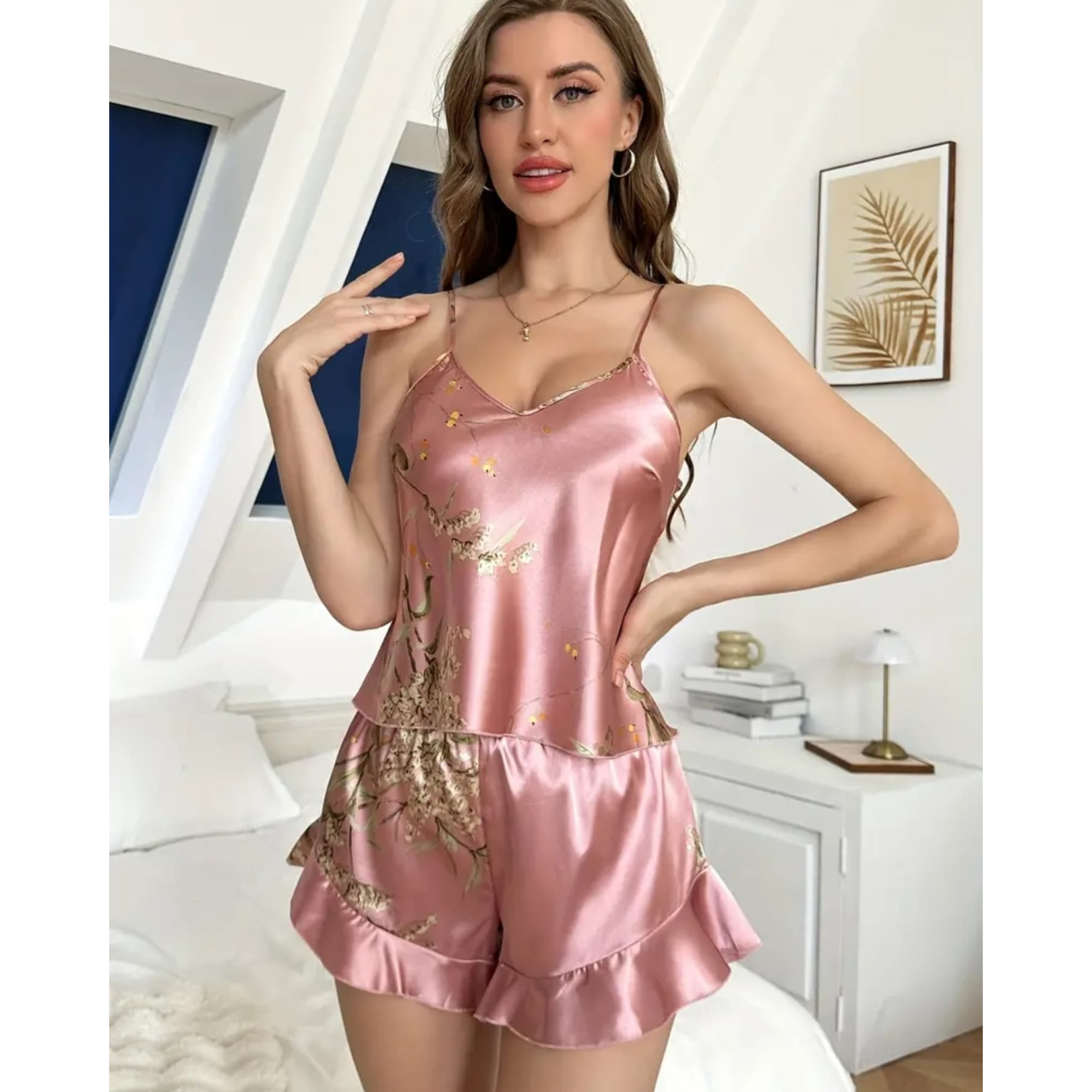 Pleasing Strings Women Satin Floral Printed 3pcs Cami Top Shorts & Gown Set