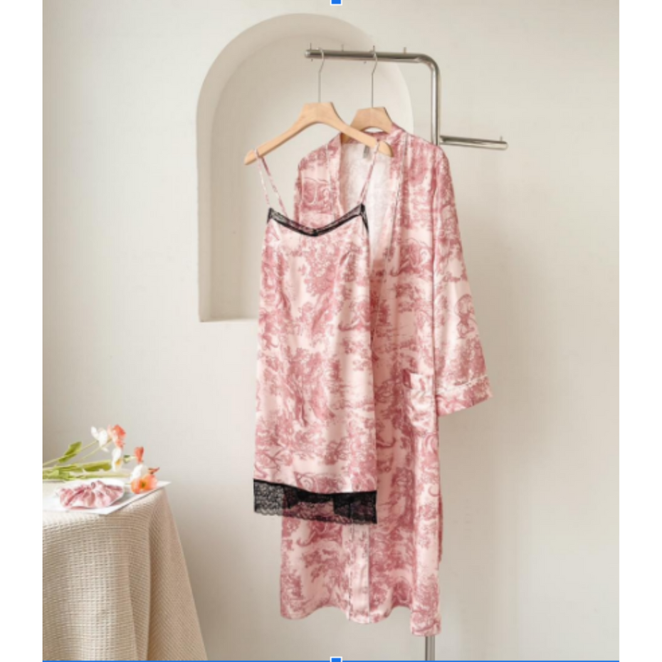 Pleasing Strings Women's 2pc Red Toile Print Satin Robe Set with Matching Scrunchy