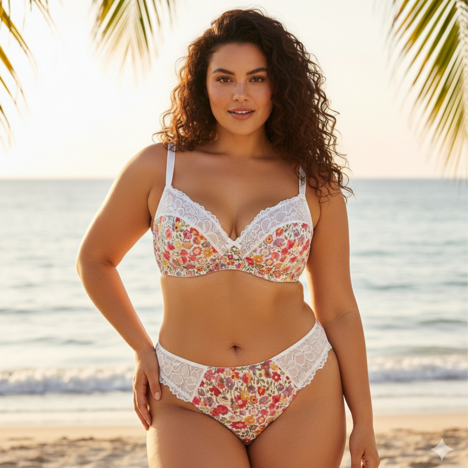 Pleasing Strings Women Floral Print Lace Trim Non-Padded Plus Size Bra Set