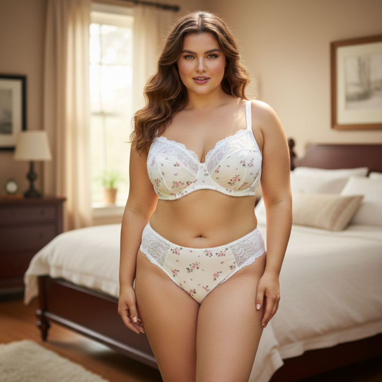 Pleasing Strings Women Floral Print Lace Trim Non-Padded Plus Size Bra Set