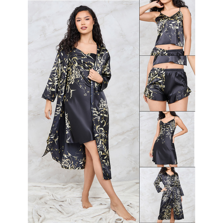 Pleasing Strings Women 5pcs Elegant Floral Print Nightgown Set