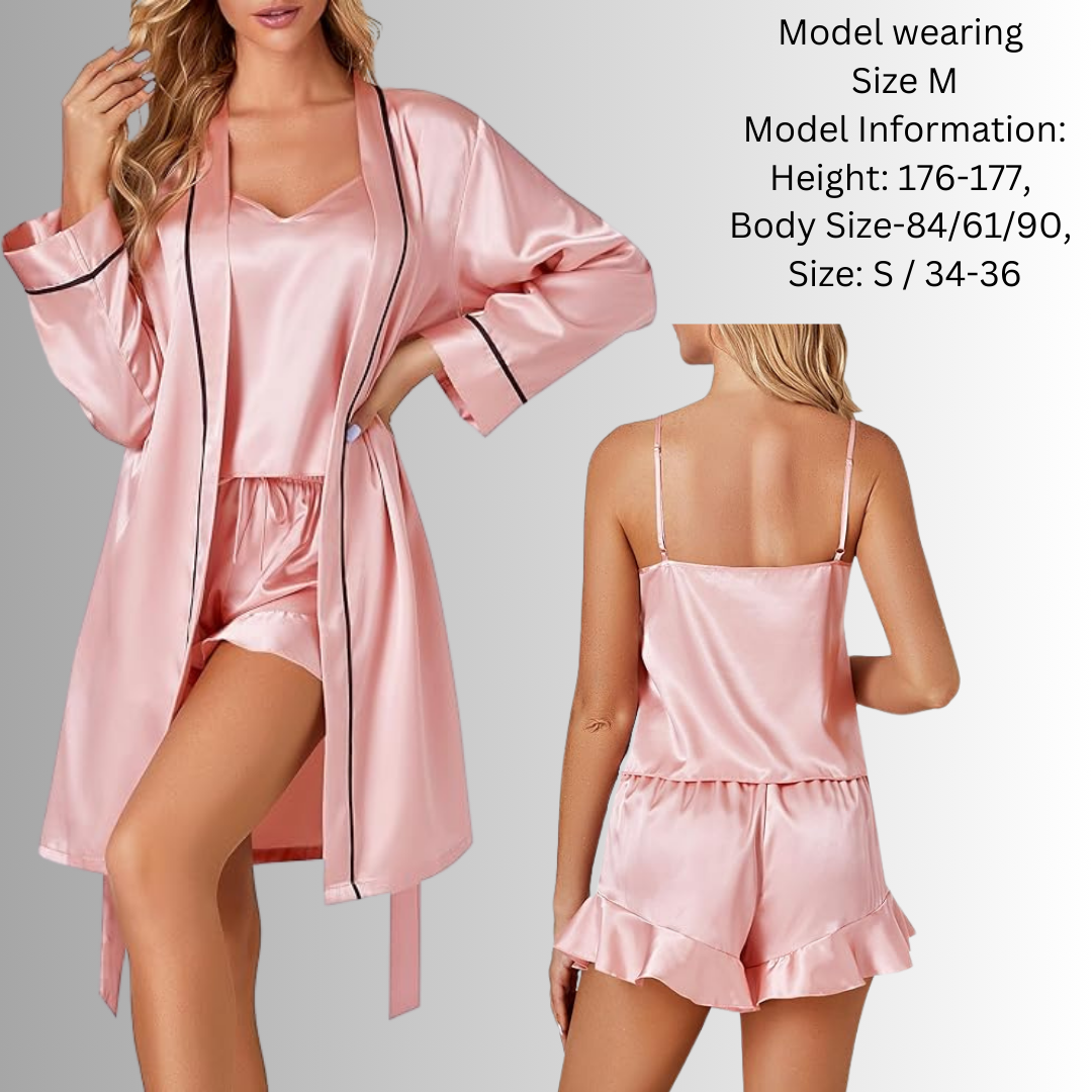 Pleasing Strings 3pcs Satin Cami Top and Shorts with Robe Sleepwear for Women