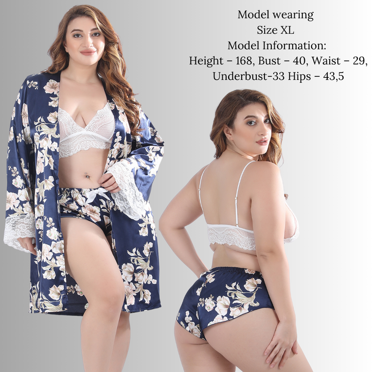 Pleasing Strings Blue Floral Printed Robe with White Lacy Bra & Ruffle Shorts Set for Women