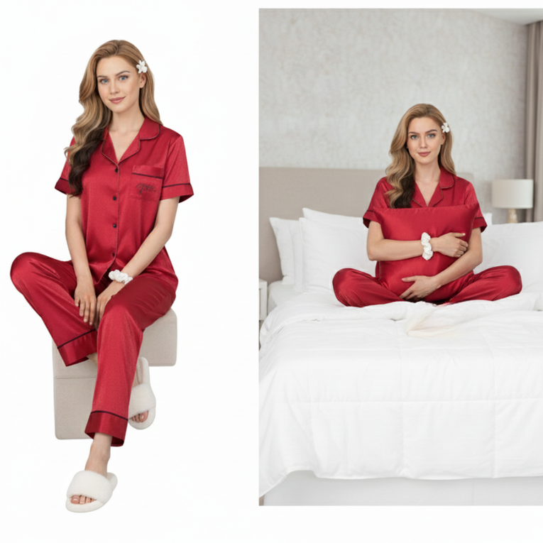 Pleasing Strings Women's Silk Satin Collared Half Sleeve Button Down Pj Set Loungewear