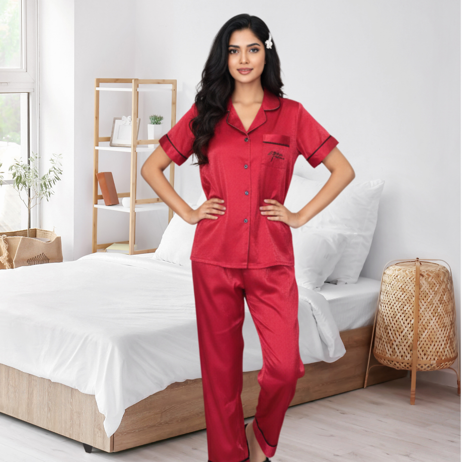 Pleasing Strings Women's Silk Satin Collared Half Sleeve Button Down Pj Set Loungewear