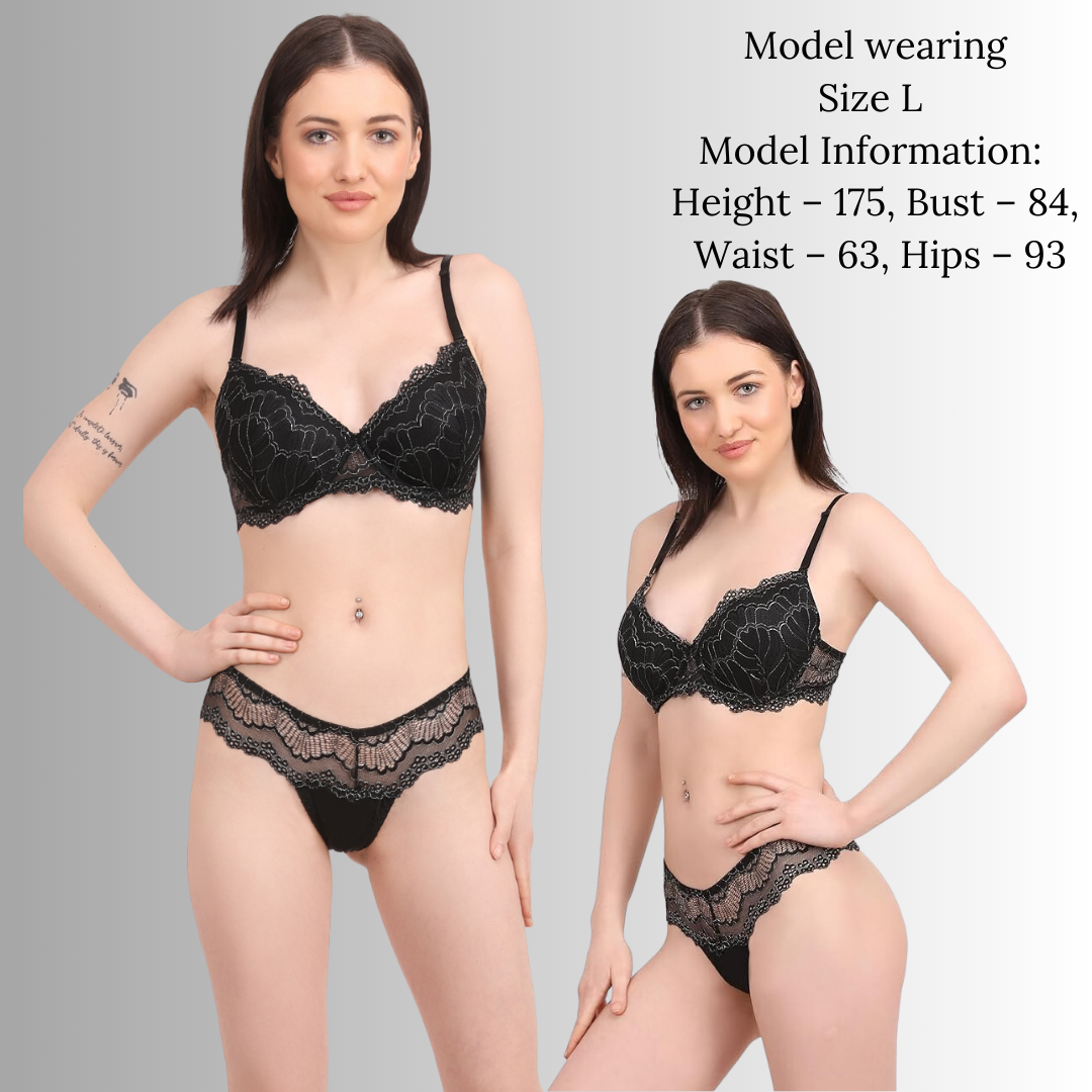 Pleasing Strings Women's Black with Silver Lace Embroidery Wired Pushup Bra & Panty Set