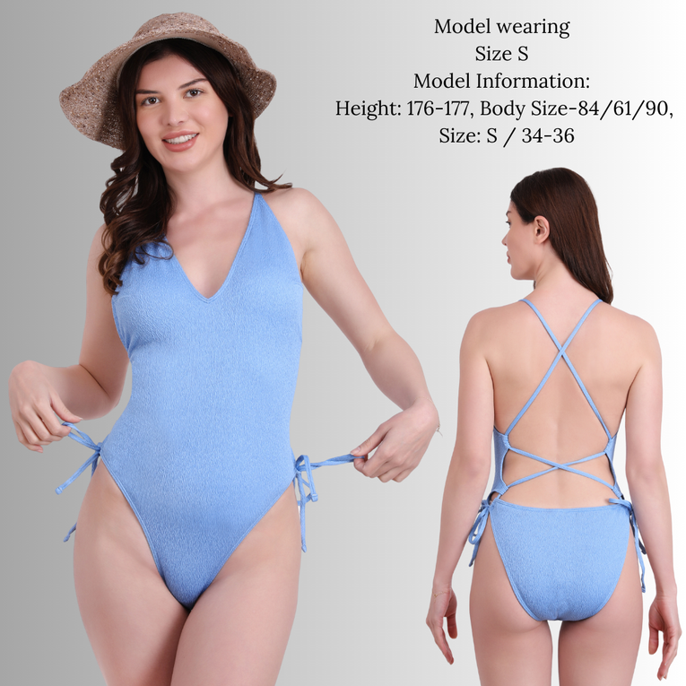 Pleasing Strings Women's Criss Cross Backless V Neck Tie Side High Cut Thong One Piece Swimsuit