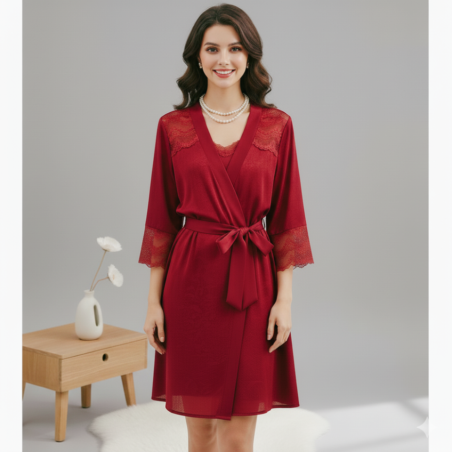 Pleasing Strings Lace Sheer 3/4 Sleeve Belted Robe