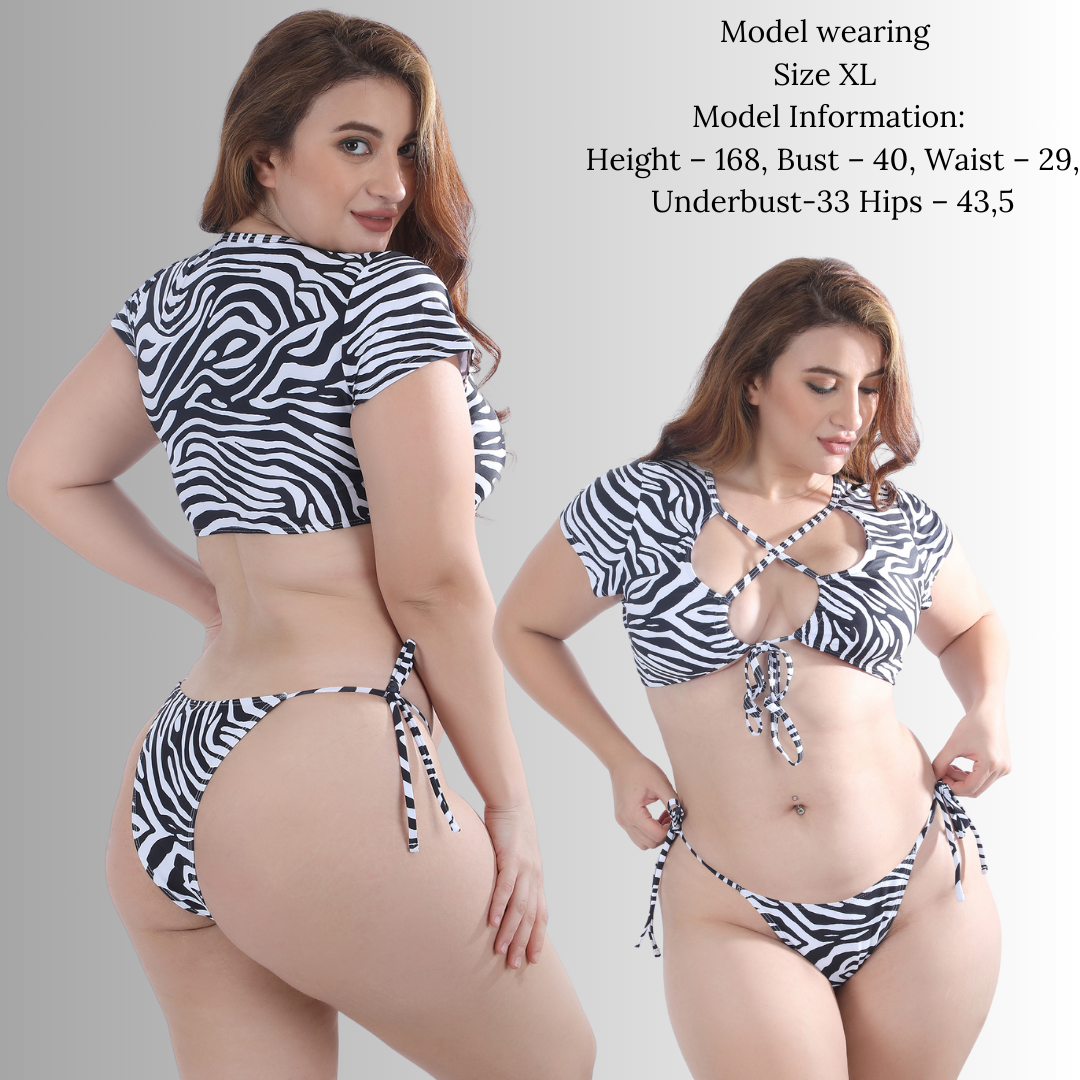 Pleasing Strings Zebra Stripe Side Tie Swimwear Bikini Set