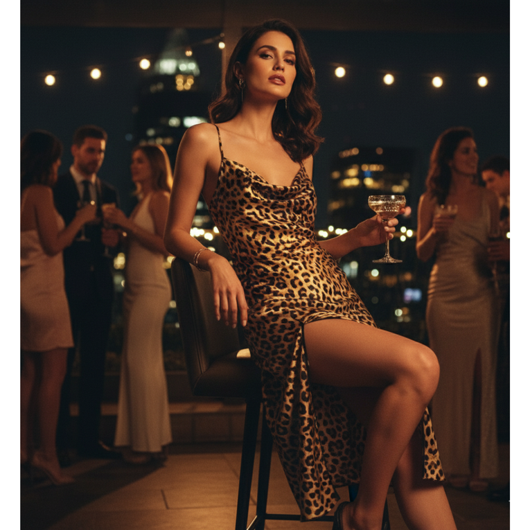 Pleasing Strings Women's Silk Satin Cowl Neck Split Thigh Dress Nightwear