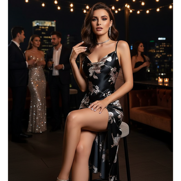 Pleasing Strings Women's Silk Satin Cowl Neck Split Thigh Dress Nightwear