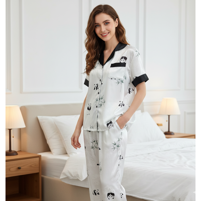 Pleasing Strings Women's Silk Satin Half Sleeve Button Down Pyjamas Set Loungewear