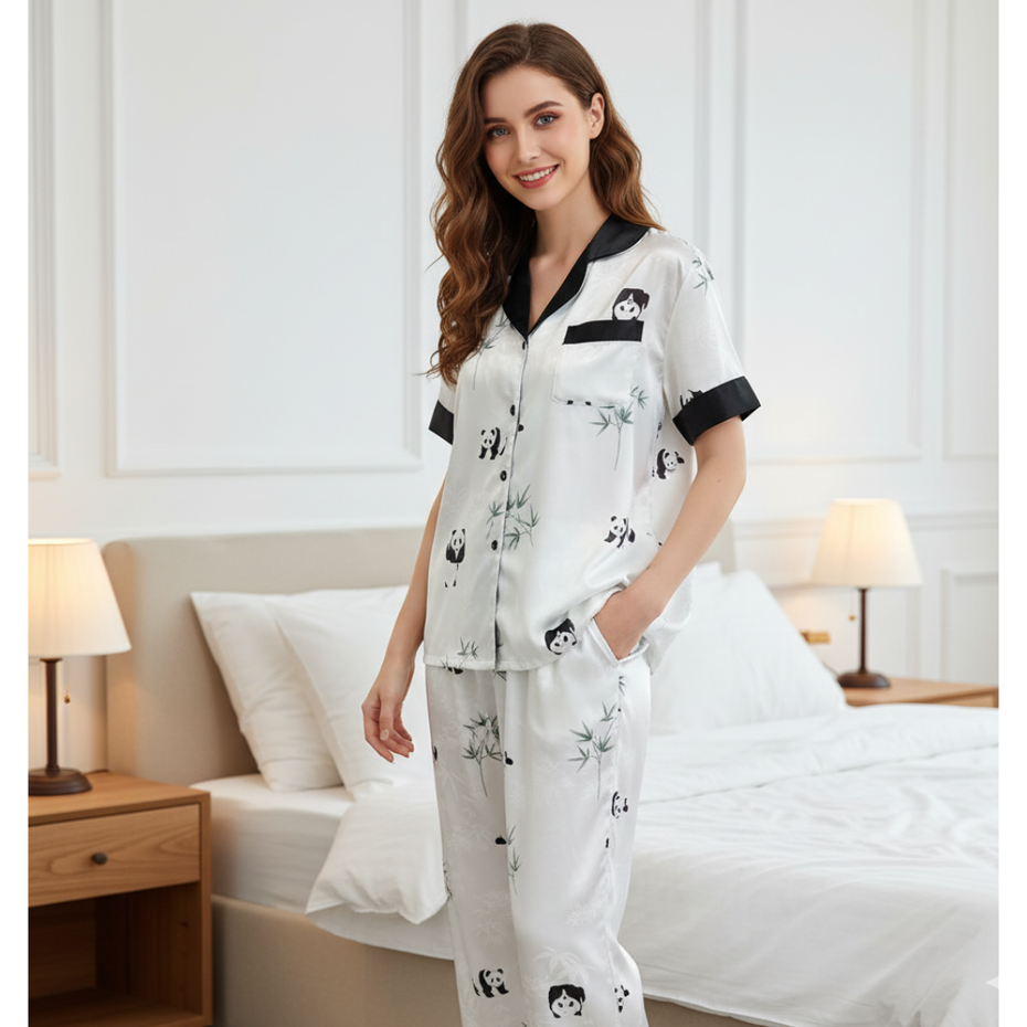 Pleasing Strings Women's Silk Satin Half Sleeve Button Down Pyjamas Set Loungewear