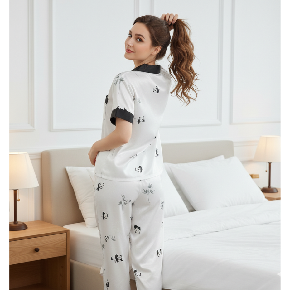 Pleasing Strings Women's Silk Satin Half Sleeve Button Down Pyjamas Set Loungewear