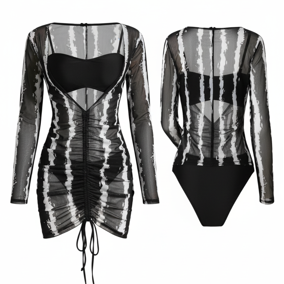 Women's 3 Piece Bikini Set Swimsuit: Off Shoulder Curvy Top, Bikini Bottoms with Beautiful Black Cover Up Bathing Suit