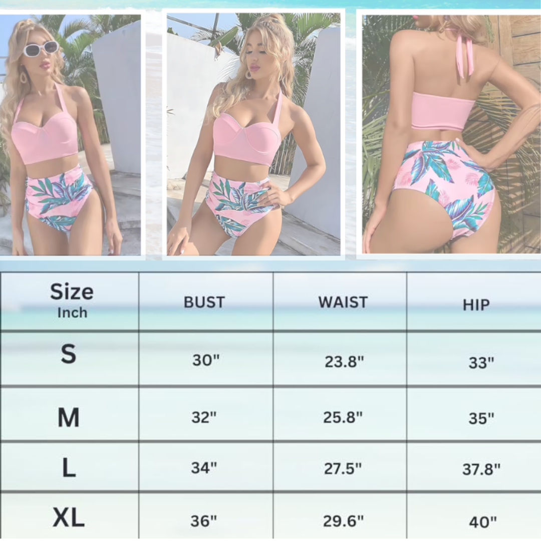 Pleasing Strings Women 2pcs Vintage Swimsuit Halter Neck with Ruched High Waist Bottom
