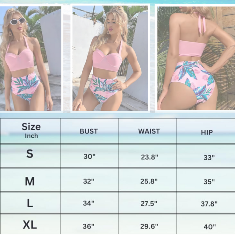 Pleasing Strings Women 2pcs Vintage Swimsuit Halter Neck with Ruched High Waist Bottom