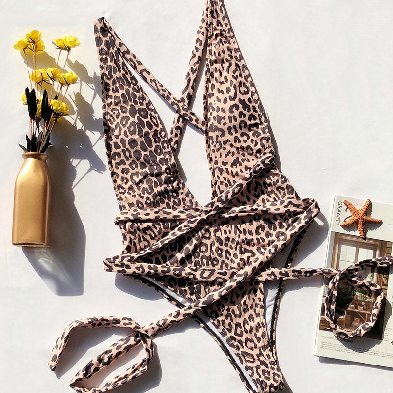 Pleasing Strings Sexy Tie Criss Cross Plunge Neck 1pc Brazilian Bathing Swimsuit