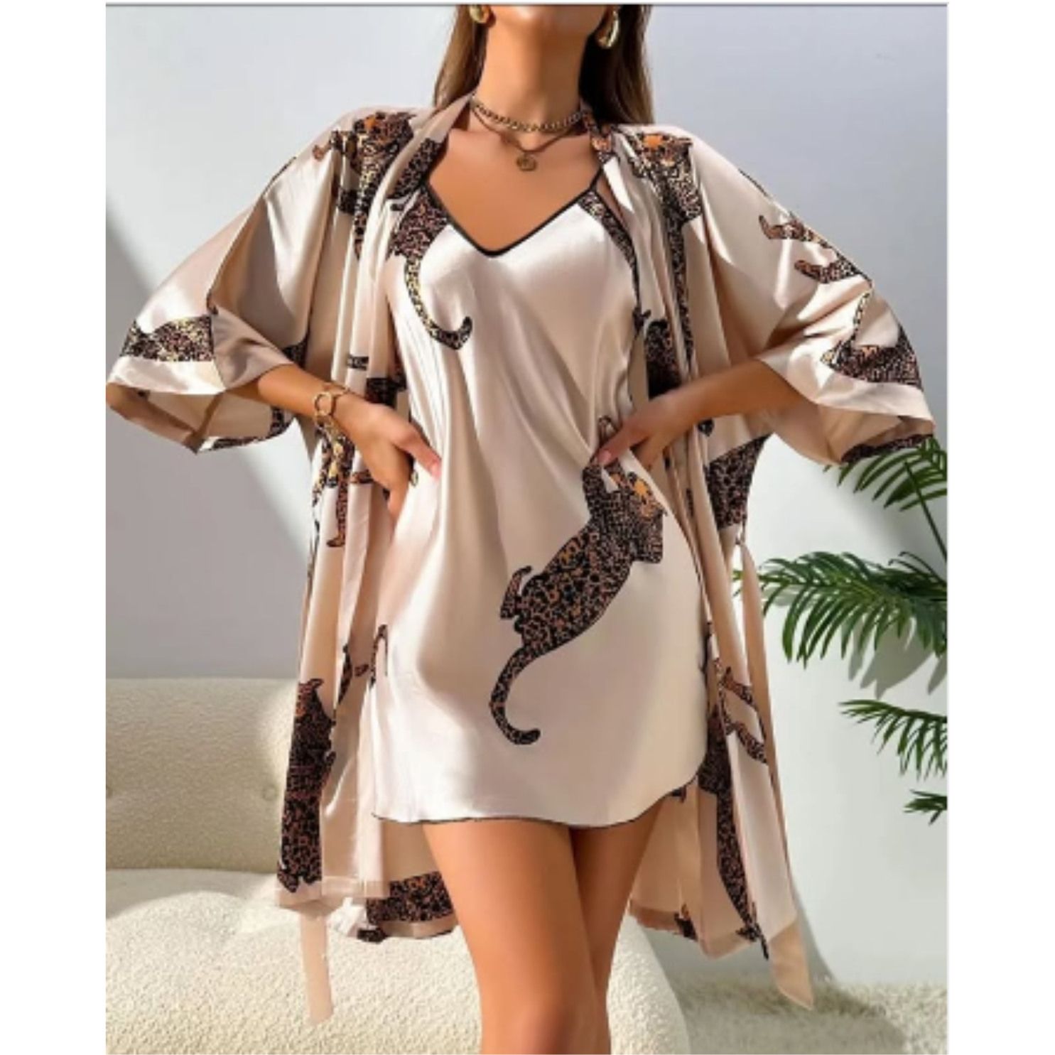 Pleasing Strings Women Silk Satin Leopard Print Short Gown Robe Set