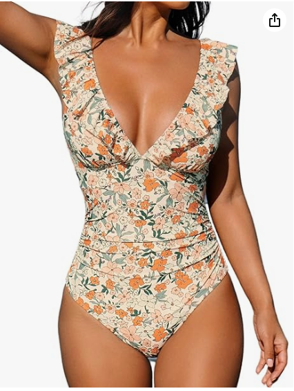 Pleasing Strings Women's Ruffled One Piece Swimsuit V Neck Lace Up