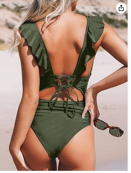 Pleasing Strings Women's Ruffled One Piece Swimsuit V Neck Lace Up