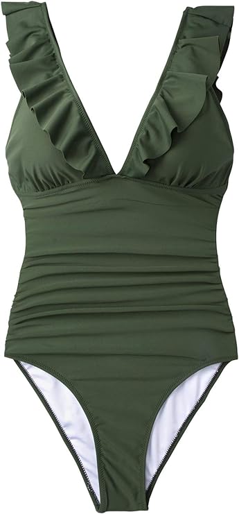 Pleasing Strings Women's Ruffled One Piece Swimsuit V Neck Lace Up