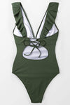 Pleasing Strings Women's Ruffled One Piece Swimsuit V Neck Lace Up