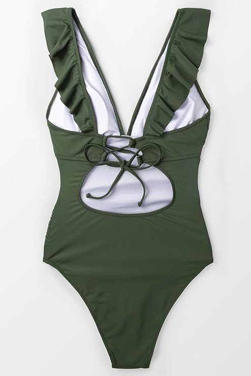 Pleasing Strings Women's Ruffled One Piece Swimsuit V Neck Lace Up